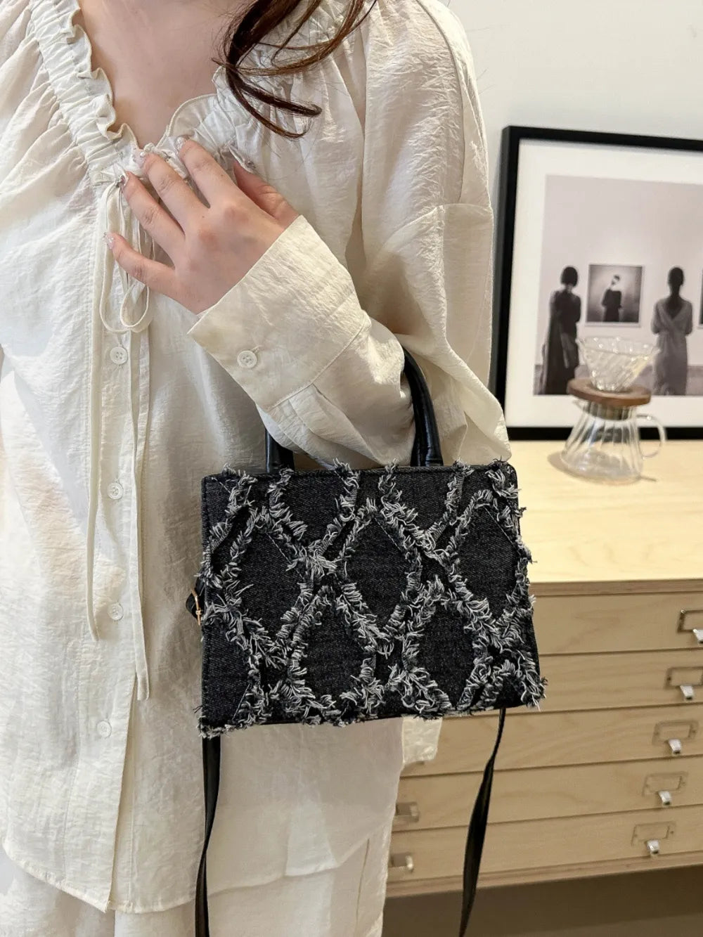 Raw Hem Denim PU Leather Handbag