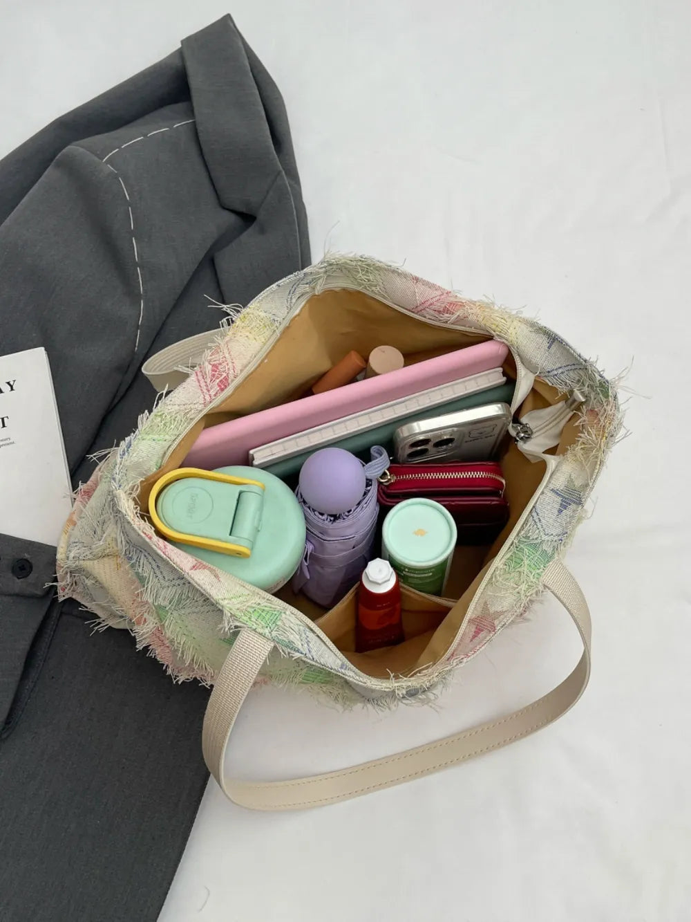 Raw Hem Rainbow Color Tote Bag